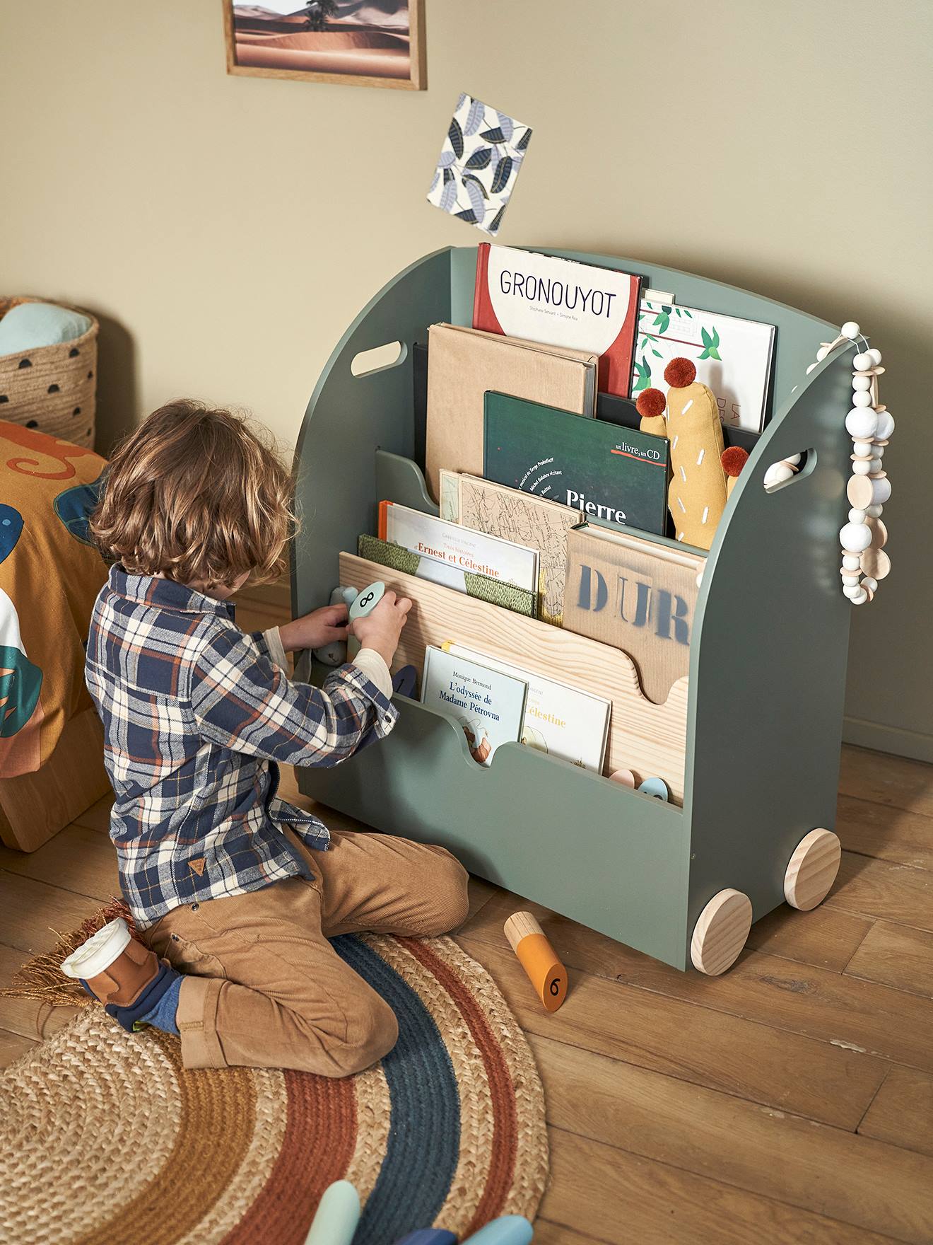 WOLTU Children's Wooden Bookcase, Toy Rack with 3 Levels, Organise for Books with Wheels for Children's Room, Grey