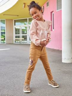 Slim-fit broek met hoge taille en geborduurde bloemen voor meisjes  - vertbaudet enfant