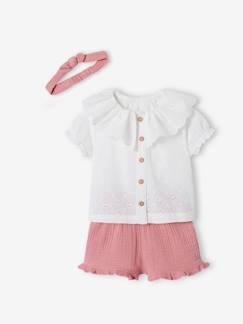 Ensemble 3 pièces bébé blouse brodée, short en gaze de coton et son bandeau assorti - vertbaudet enfant Bébé-Ensemble-Ensemble 3 pièces bébé blouse brodée, short en gaze de coton et son bandeau assorti