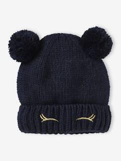 Meisjesmuts met glimlach, pompons en geborduurde ogen - vertbaudet enfant Meisje-Accessoires-Meisjesmuts, sjaal, handschoenen-Meisjesmuts met glimlach, pompons en geborduurde ogen