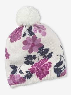 Fijngebreide meisjesmuts met bloemenprint - vertbaudet enfant Meisje-Accessoires-Meisjesmuts, sjaal, handschoenen-Fijngebreide meisjesmuts met bloemenprint