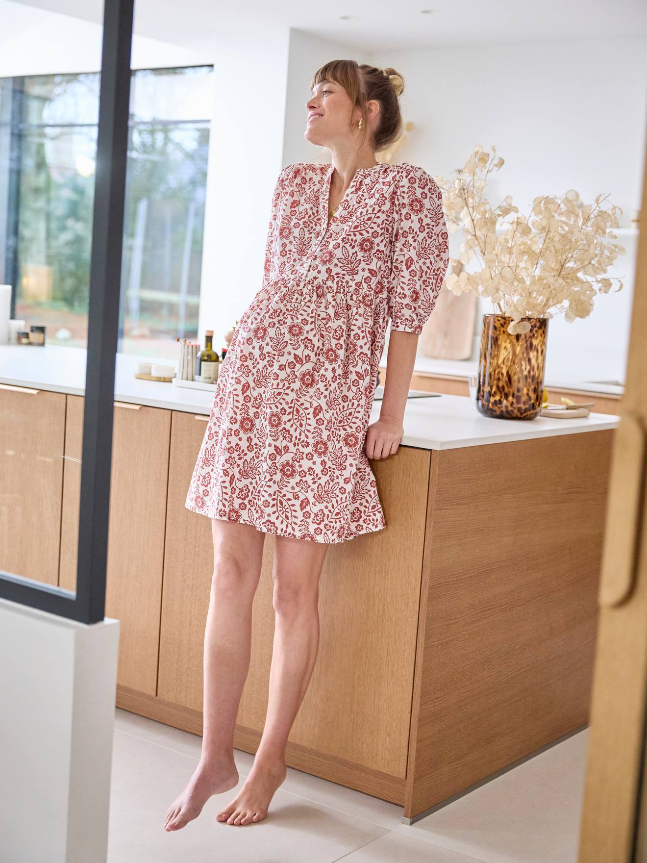 Robe courte coton fleuri grossesse et allaitement terracotta