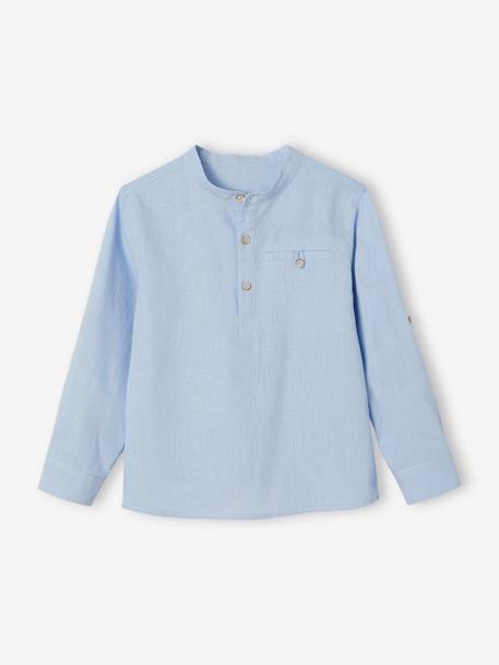Chemise col Mao en coton/lin garçon manches retroussables - vertbaudet enfant Garçon-Chemise col Mao en coton/lin garçon manches retroussables