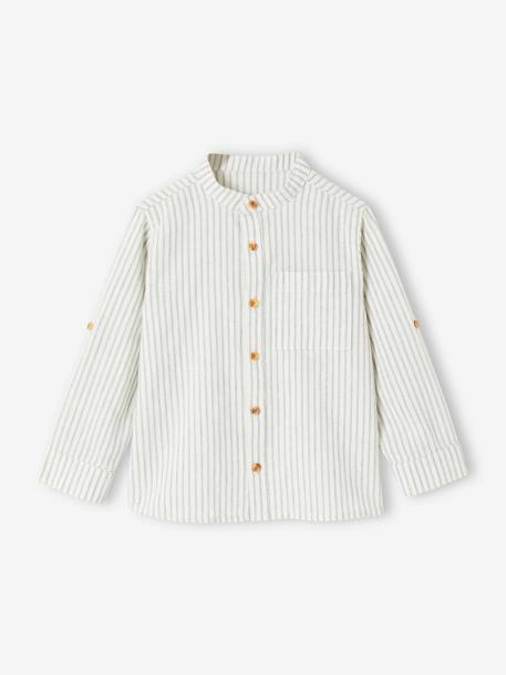 Chemise col Mao rayée en coton/lin garçon manches retroussables - vertbaudet enfant Garçon-Chemise col Mao rayée en coton/lin garçon manches retroussables