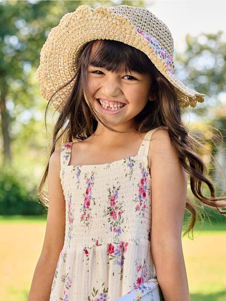 Chapeau aspect paille effet crochet avec ruban imprimé fille - vertbaudet enfant Fille-Accessoires-Chapeau aspect paille effet crochet avec ruban imprimé fille
