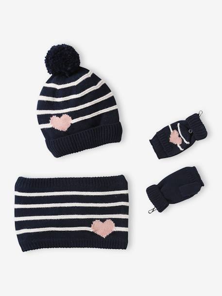 Ensemble bonnet + snood + moufles/mitaines rayures/coeur fille - vertbaudet enfant Fille-Accessoires-Ensemble bonnet + snood + moufles/mitaines rayures/coeur fille