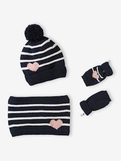 Meisjesmuts + snood + wanten/handschoenen met strepen/hartje - vertbaudet enfant Meisje-Accessoires-Meisjesmuts, sjaal, handschoenen-Meisjesmuts + snood + wanten/handschoenen met strepen/hartje