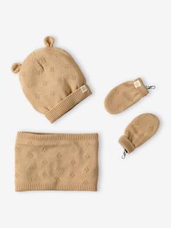 Ensemble bébé fille bonnet à oreilles + snood + moufles en maille ajourée - vertbaudet enfant Bébé-Accessoires-Ensemble bébé fille bonnet à oreilles + snood + moufles en maille ajourée