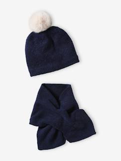 Set met muts met pompon + meisjessjaal in fonkelend breiwerk - vertbaudet enfant Meisje-Accessoires-Meisjesmuts, sjaal, handschoenen-Set met muts met pompon + meisjessjaal in fonkelend breiwerk