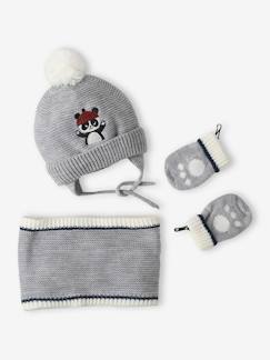 Ensemble bonnet + snood + moufles "panda" bébé garçon - vertbaudet enfant Bébé-Accessoires-Ensemble bonnet + snood + moufles "panda" bébé garçon