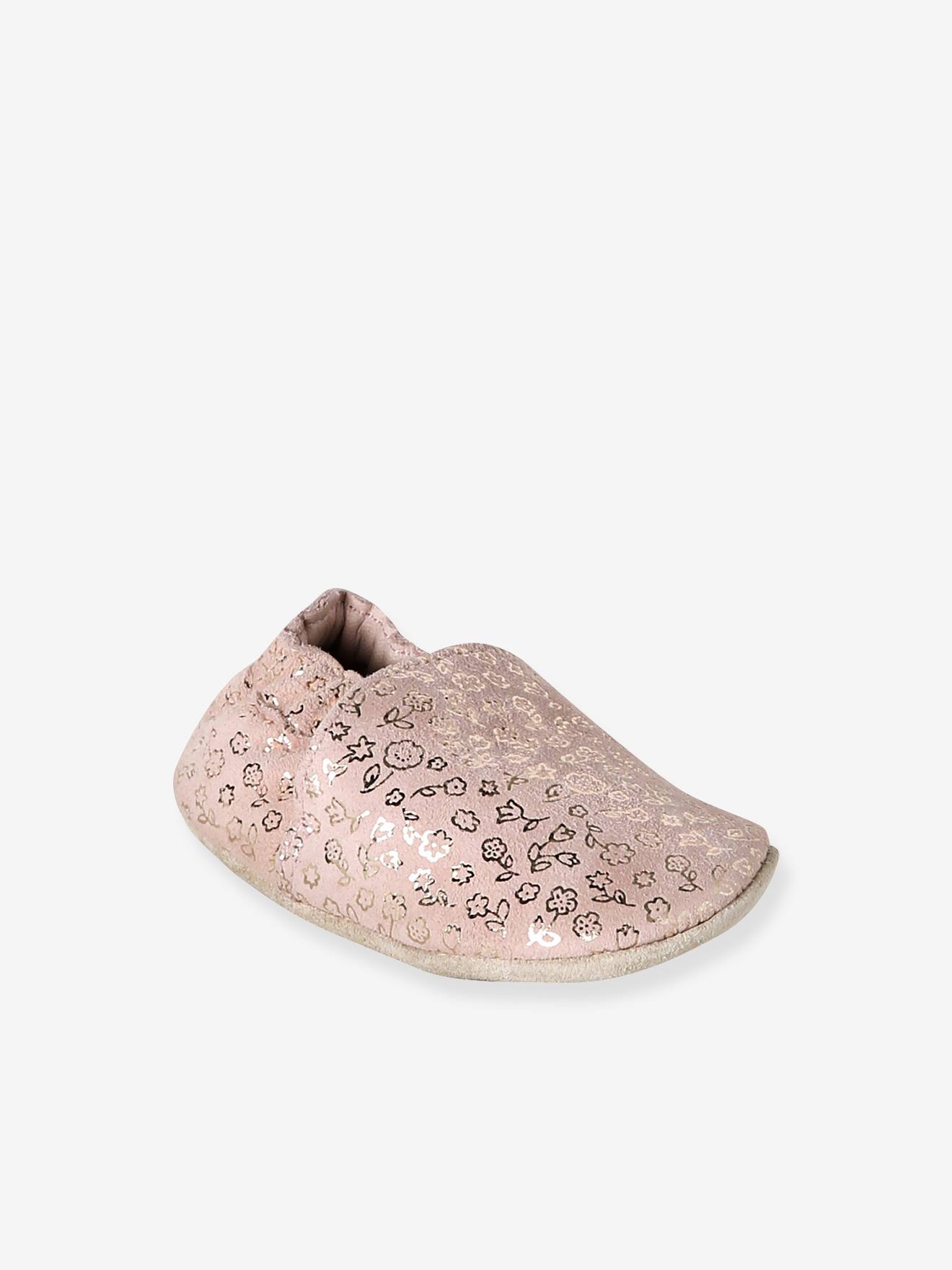 Vertbaudet Elastische Leren Babyschoentjes In Soepel Leer Roze, Bedrukt