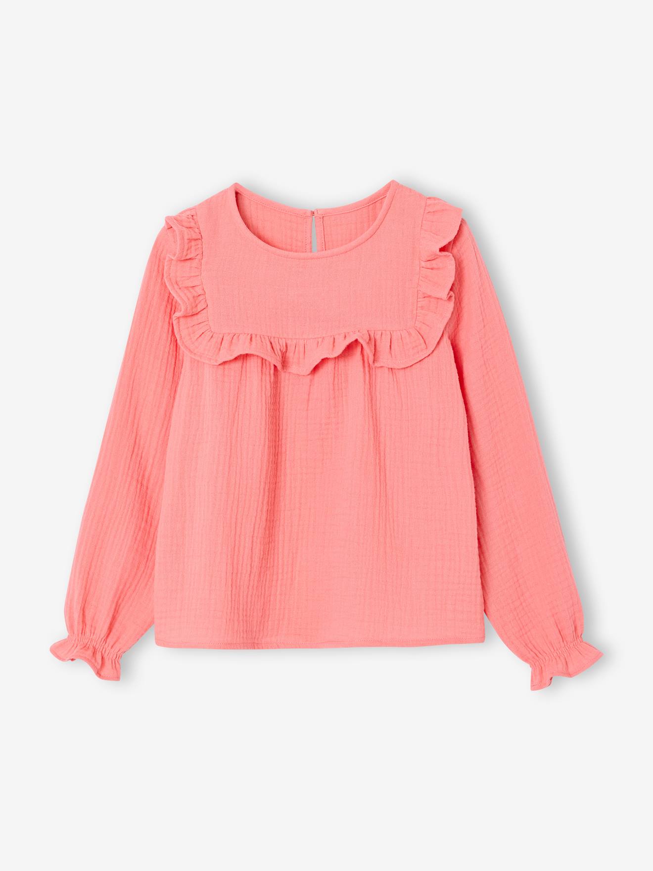 Vertbaudet Meisjesblouse Met Ruches Van Katoengaas Koraal