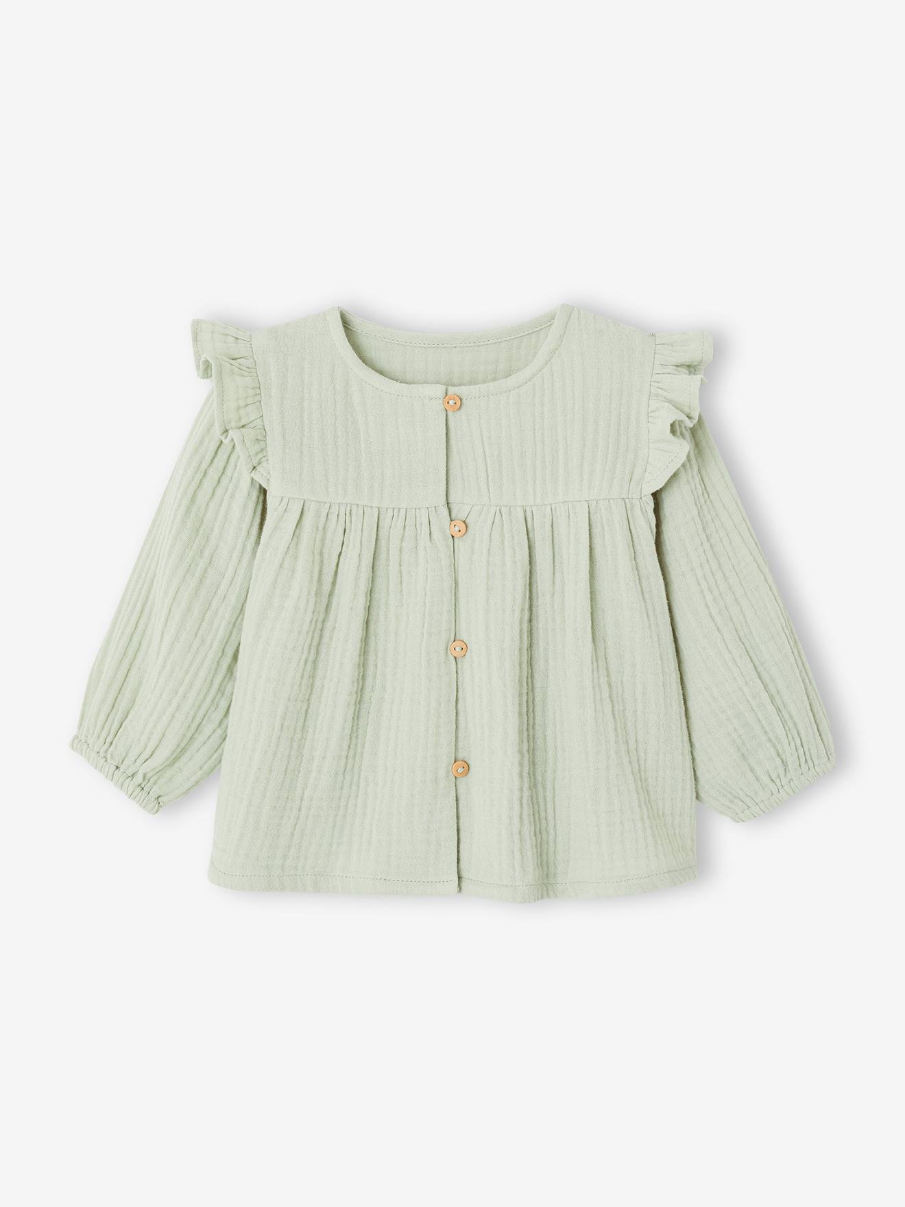 Vertbaudet Babyblouse Van Katoengaas Met Ruches Amandelgroen