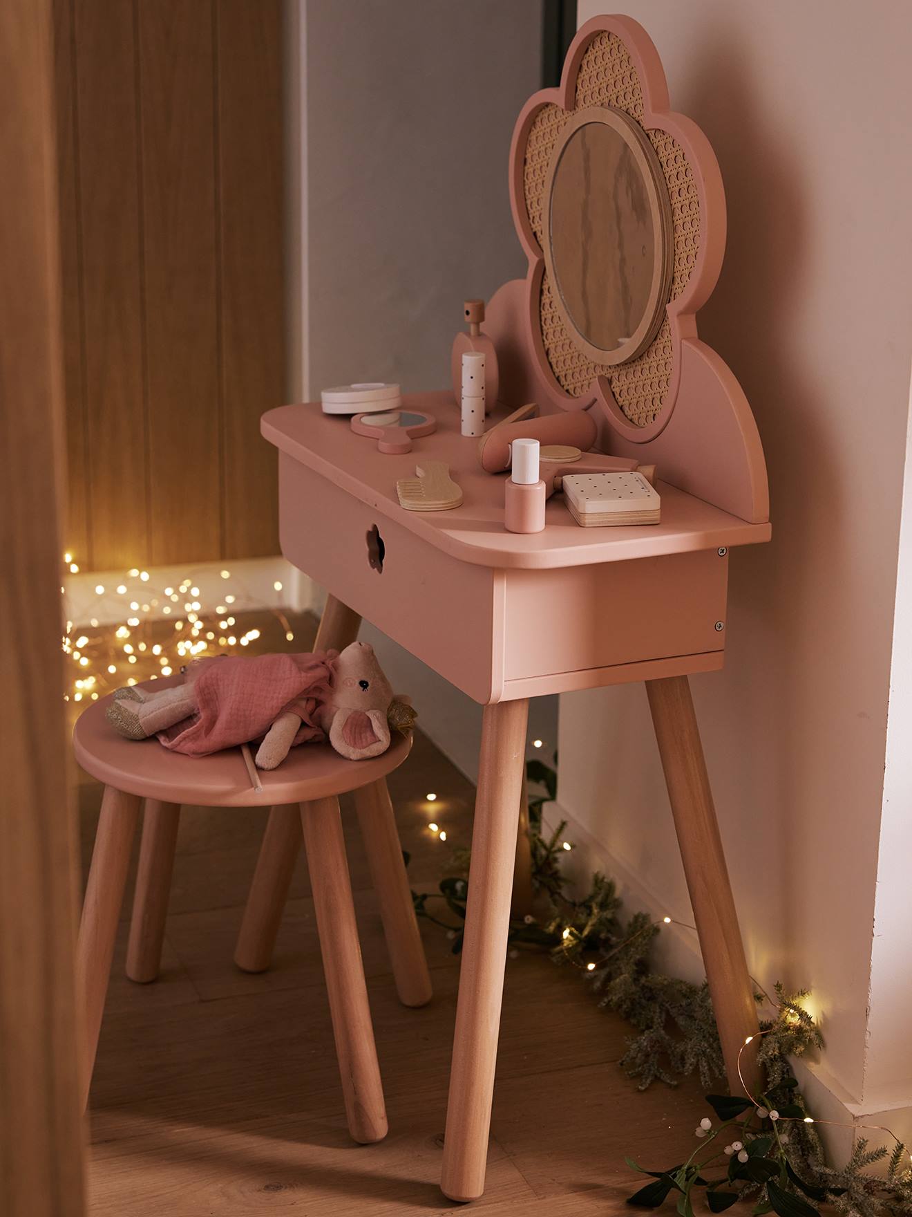 Vertbaudet Rieten Kaptafel + Accessoires In Fsc® Hout Rozen