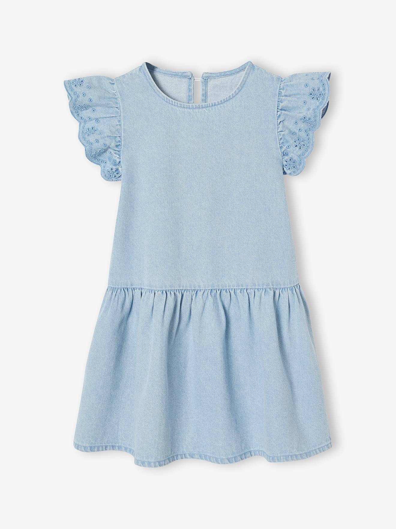 Vertbaudet Denim Jurk Voor Meisjes Met Korte Geborduurde Mouwen Double Stone