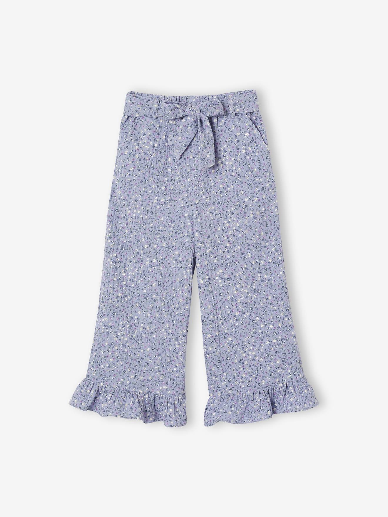 Korte broek voor meisjes met ruches van katoenen gaas blauw, bedrukt