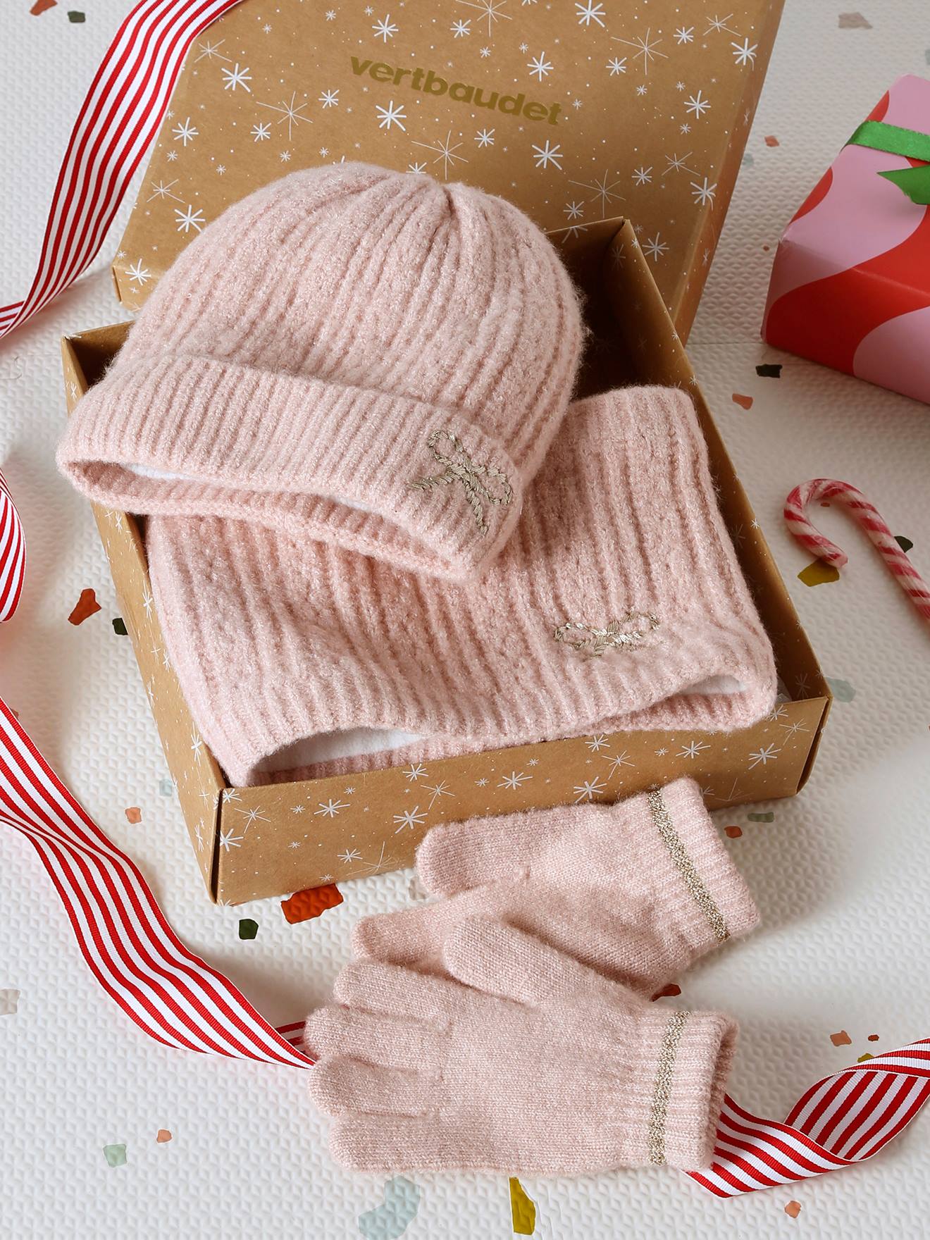 Vertbaudet Kerstcadeauset Voor Meisjes Muts + Snood + Wanten/handschoenen Roze (poederkleur)