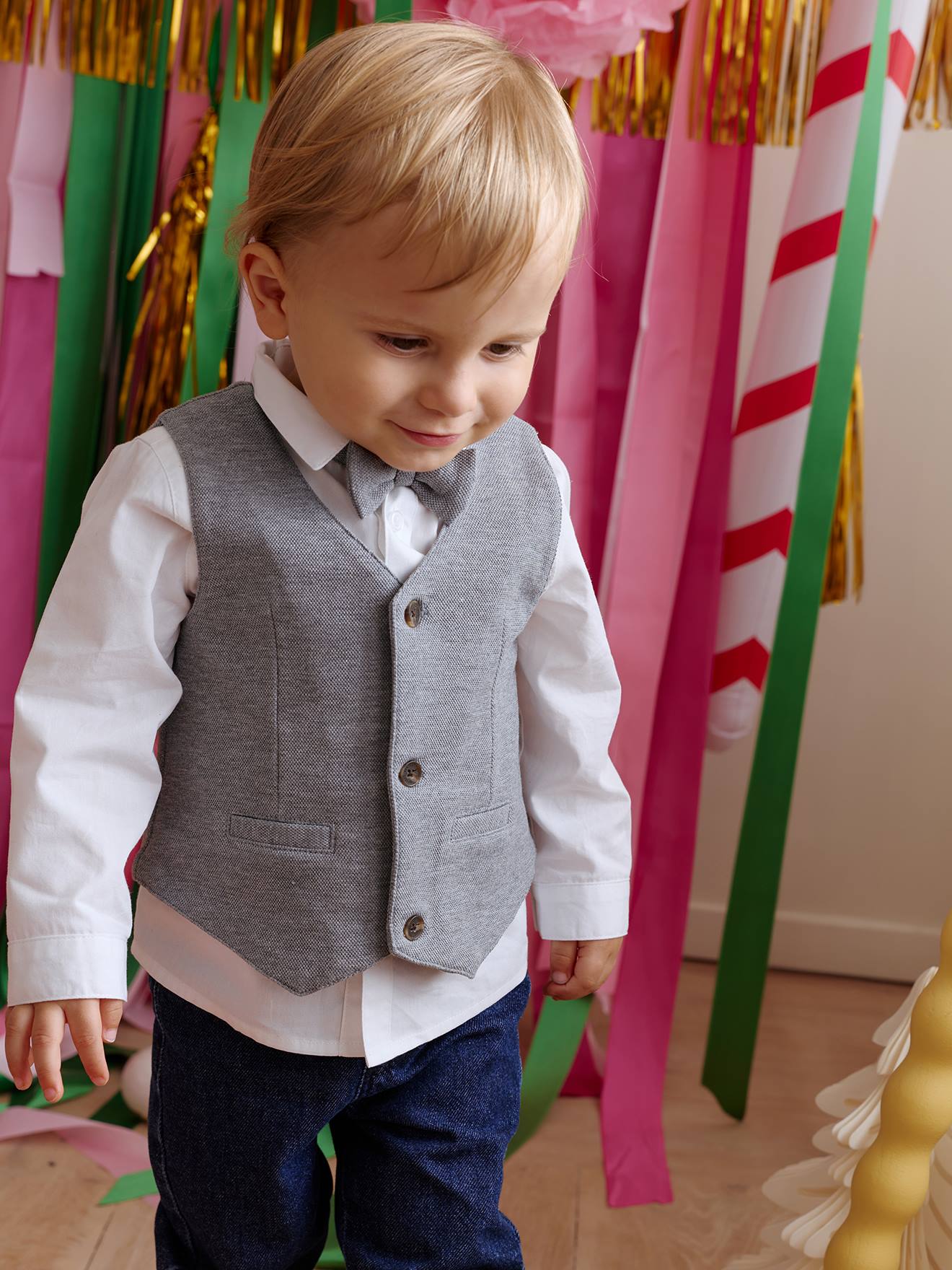 Vertbaudet Babyset Voor Jongens Met Hemd, Vlinderdas En Vest Wit