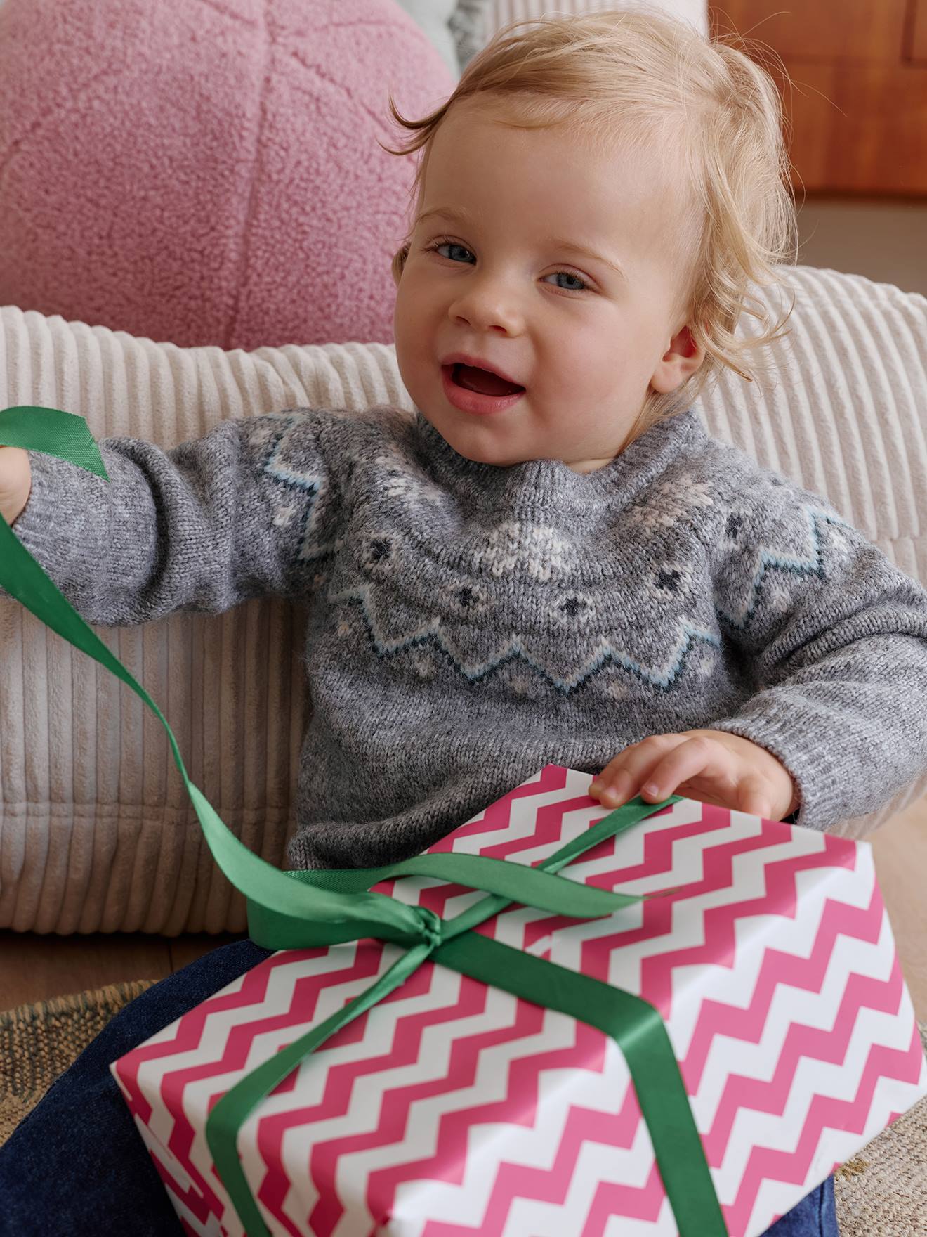 Vertbaudet Jacquard Kersttrui Voor Baby's Familie Capsulecollectie Gemêleerd Grijs
