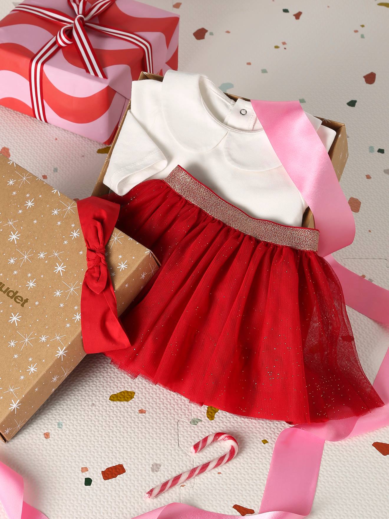Vertbaudet Babyset Voor Babymeisjes, T-shirt, Rok, Heupband, Kerstcadeauset Rood