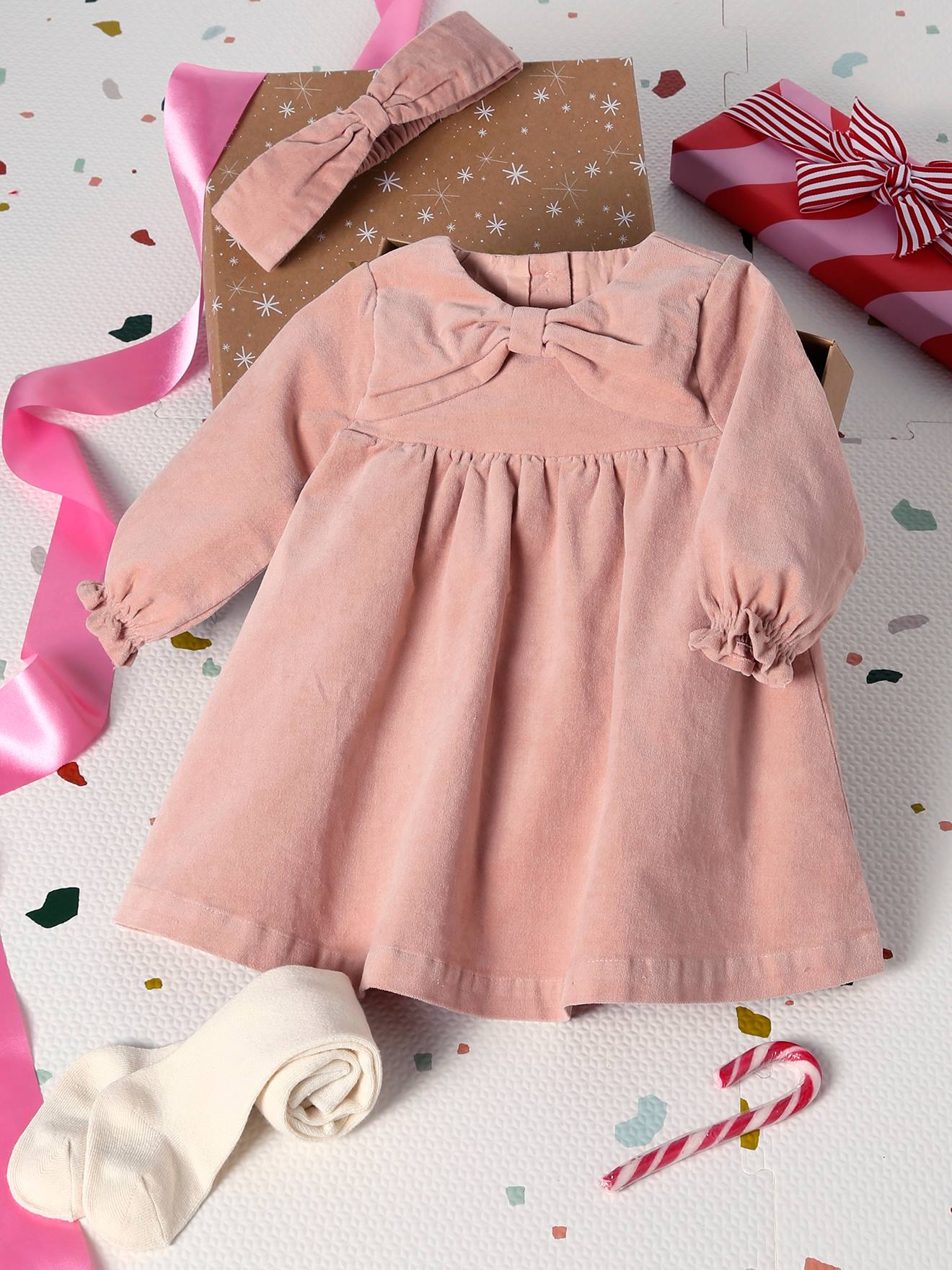 Vertbaudet Babyset Voor Babymeisjes, Jurk, Heupband, Panty's, Geschenkdoos Voor Kerstmis Roze (poederkleur)