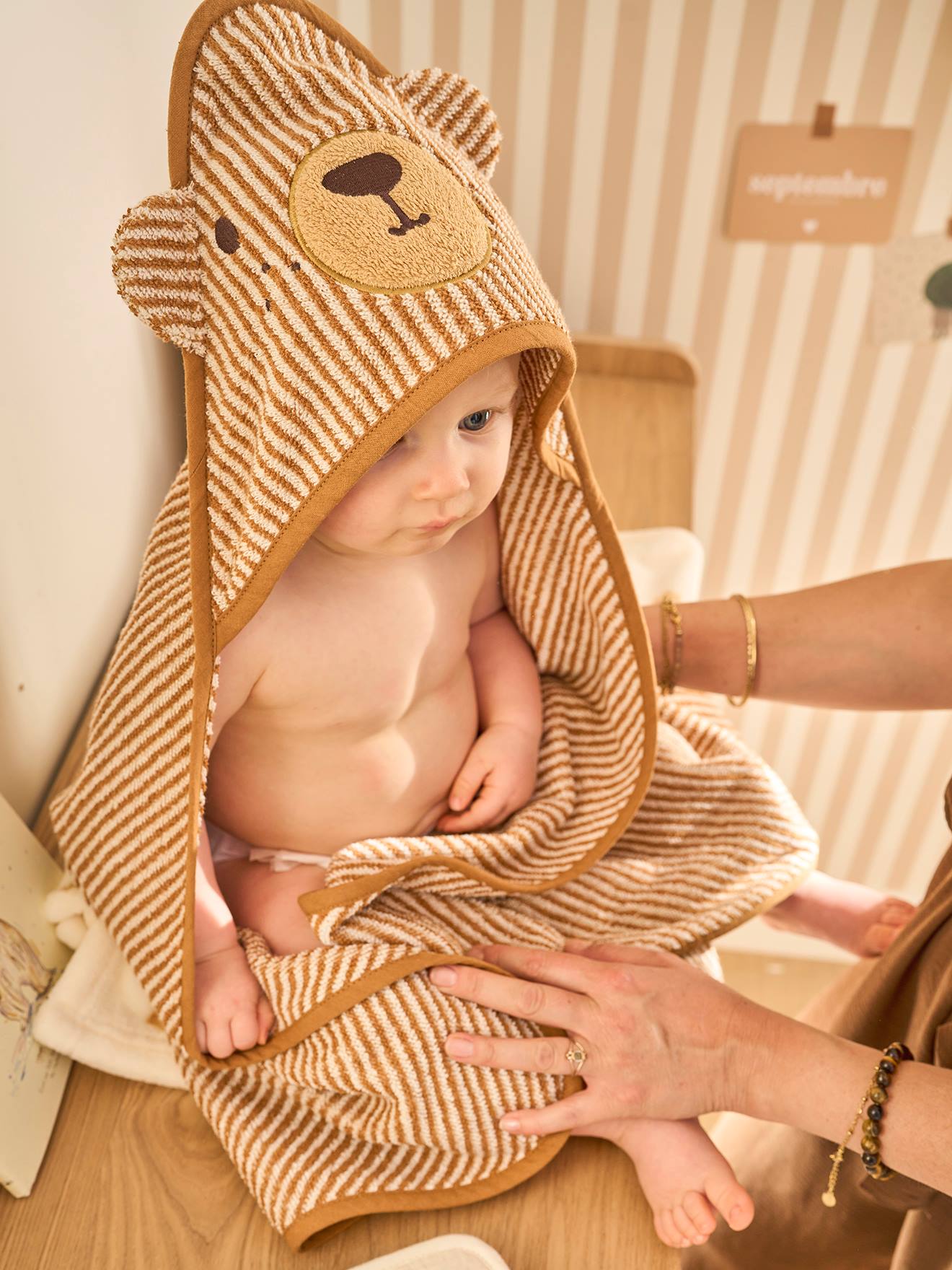Vertbaudet Badcape + Washandje Petit Ours, Met Gerecycled Katoen Beige, Gestreept