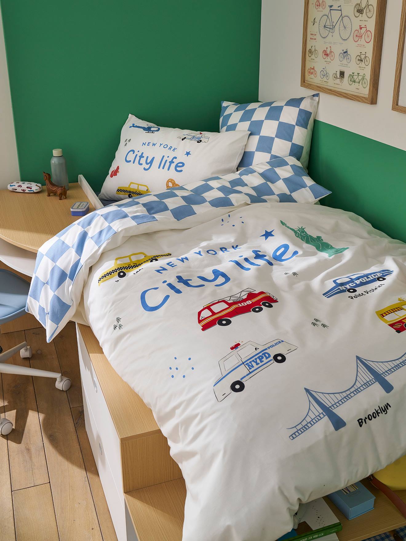 Vertbaudet Dekbedovertrekset + Kussensloop Kind Met Gerecycled Katoen Varsity Blauw, Geruit