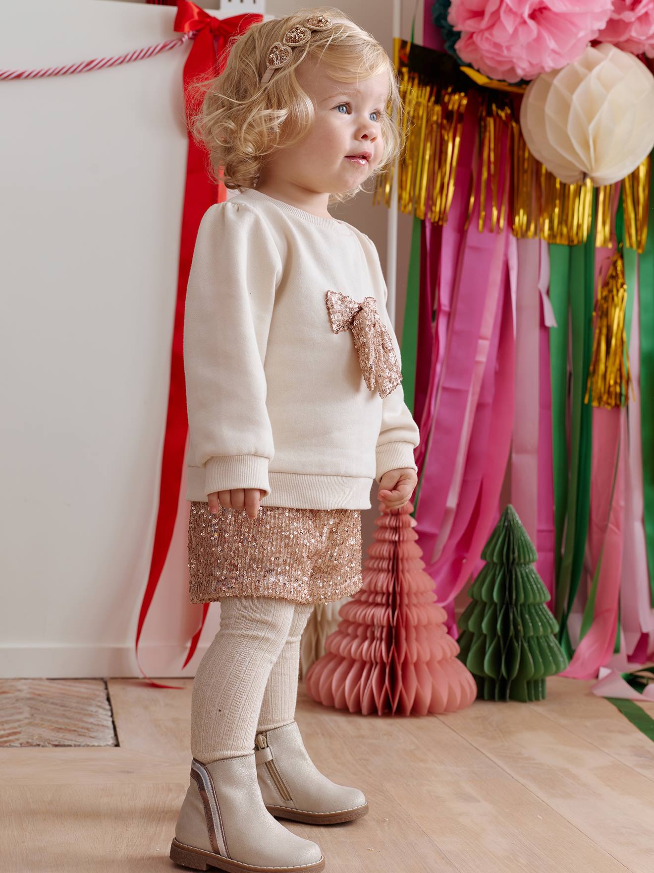 Vertbaudet Babyset Voor Babymeisjes, Kerst, Sweater, Short Met Pailletten Goud