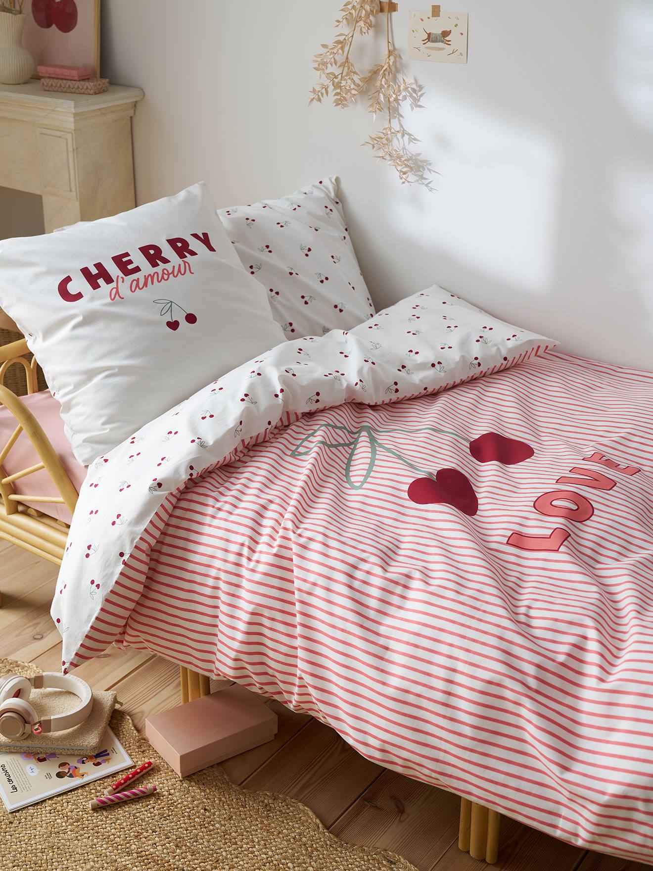Vertbaudet Bedovertrek En Kussensloop Cerises Rayures Met Gerecycled Katoen Rood, Gestreept