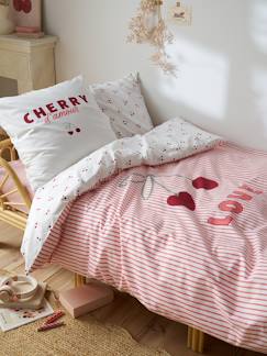 Linge de maison et décoration-Linge de lit enfant-Parure housse de couette et taie d'oreiller CERISES RAYURES avec coton recyclé