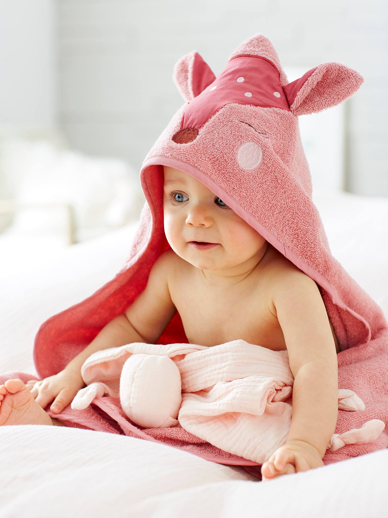 Vertbaudet Badcape + Washandje Hertje Blush