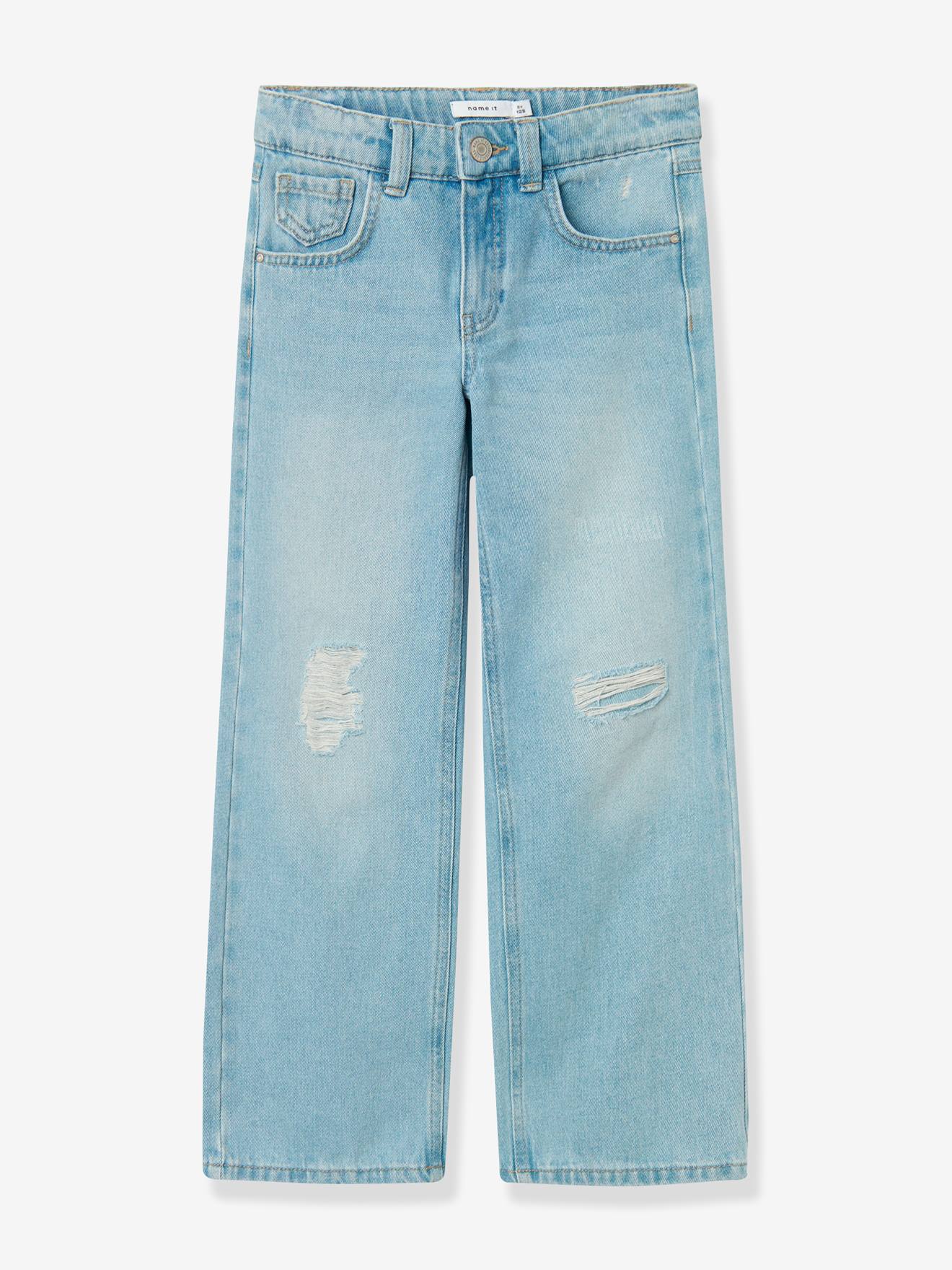Wijde Jeans Met Hoge Taille Voor Meisjes Name It, Destroyed Effect Gebleekt Denim