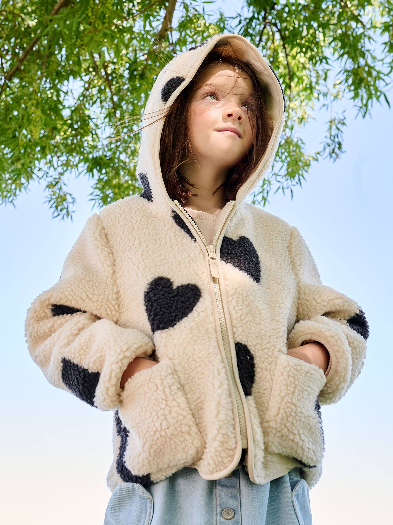 Vertbaudet Sherpa Vest Met Capuchon En Bloemenprint Voor Meisjes Ecru