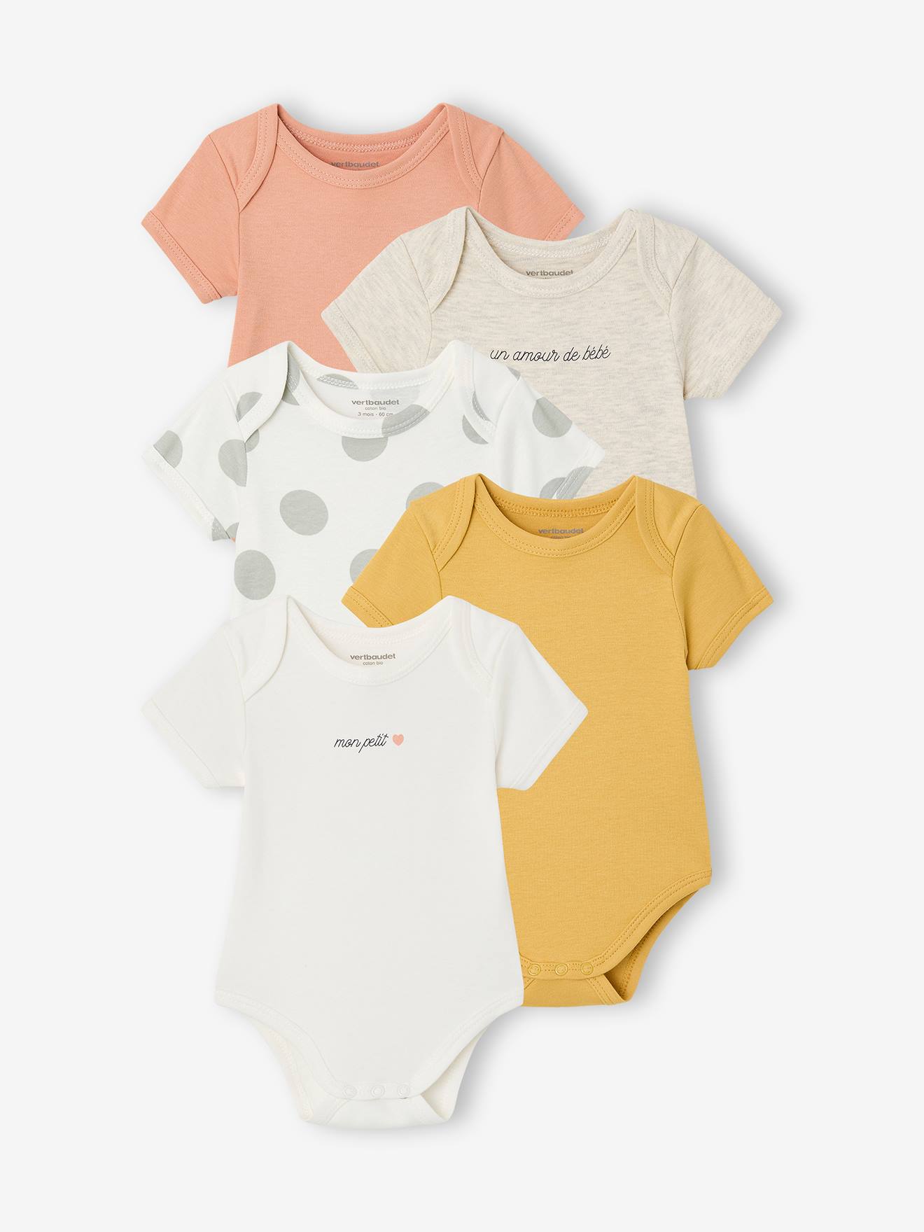 Vertbaudet Set Van 5 Body's Baby Korte Mouwen Ecru