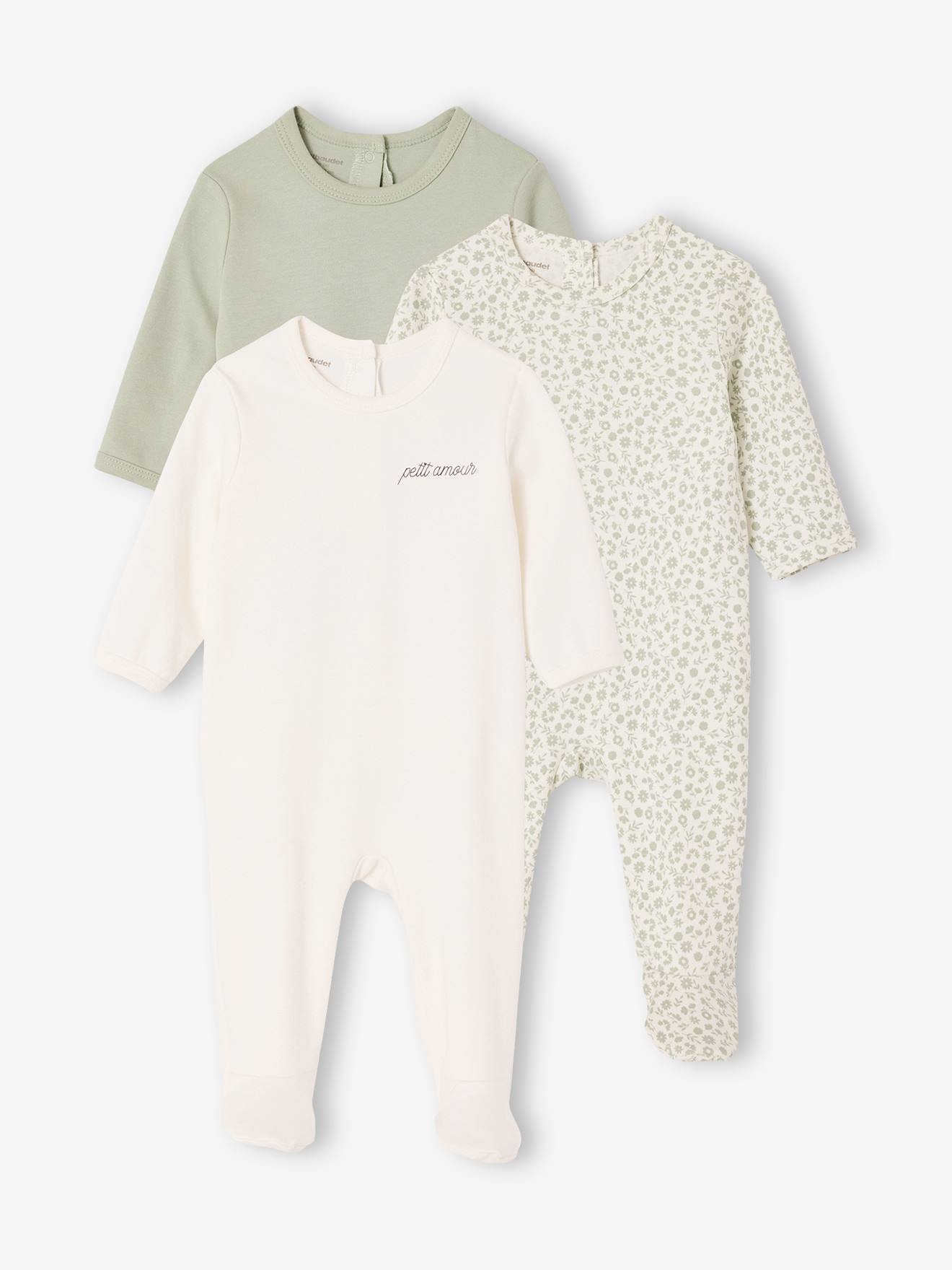 Vertbaudet Set Van 3 Pyjama's Baby Van Biologisch Katoen Saliegroen