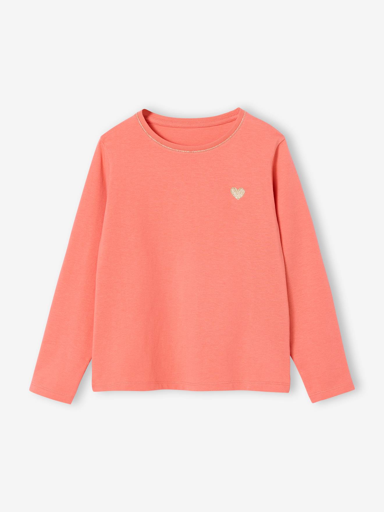 T-shirt Basics met hartjes en pailletten en lange mouwen koraal