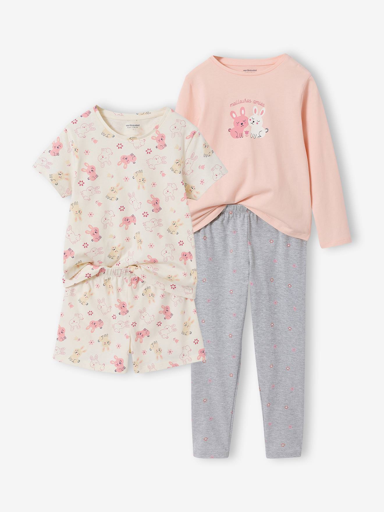 Vertbaudet Set Van 2 Korte En Lange Pyjama's Met Konijntjes Gemêleerd Grijs