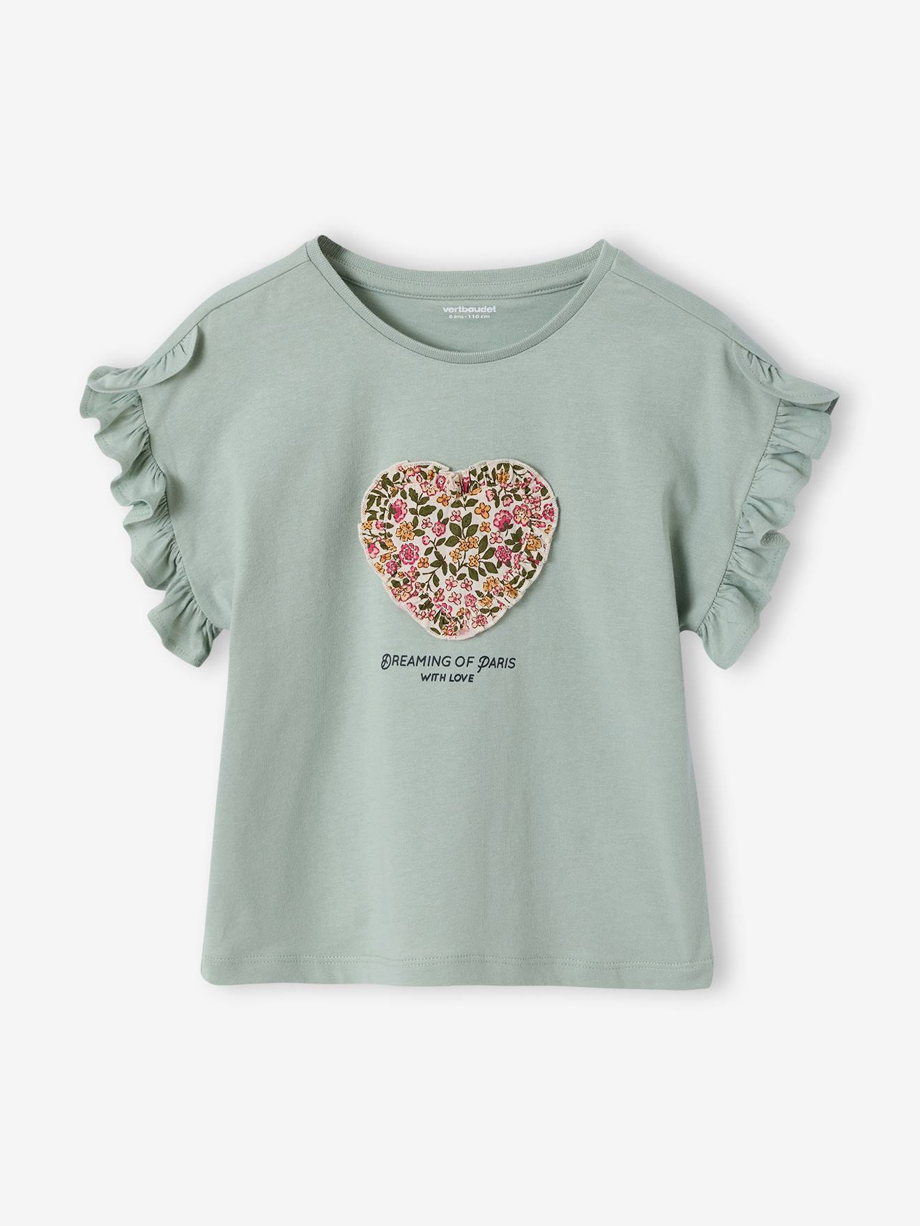 Vertbaudet T-shirt Voor Meisjes Met Romantisch Motief, Korte Mouwen Met Ruches Saliegroen