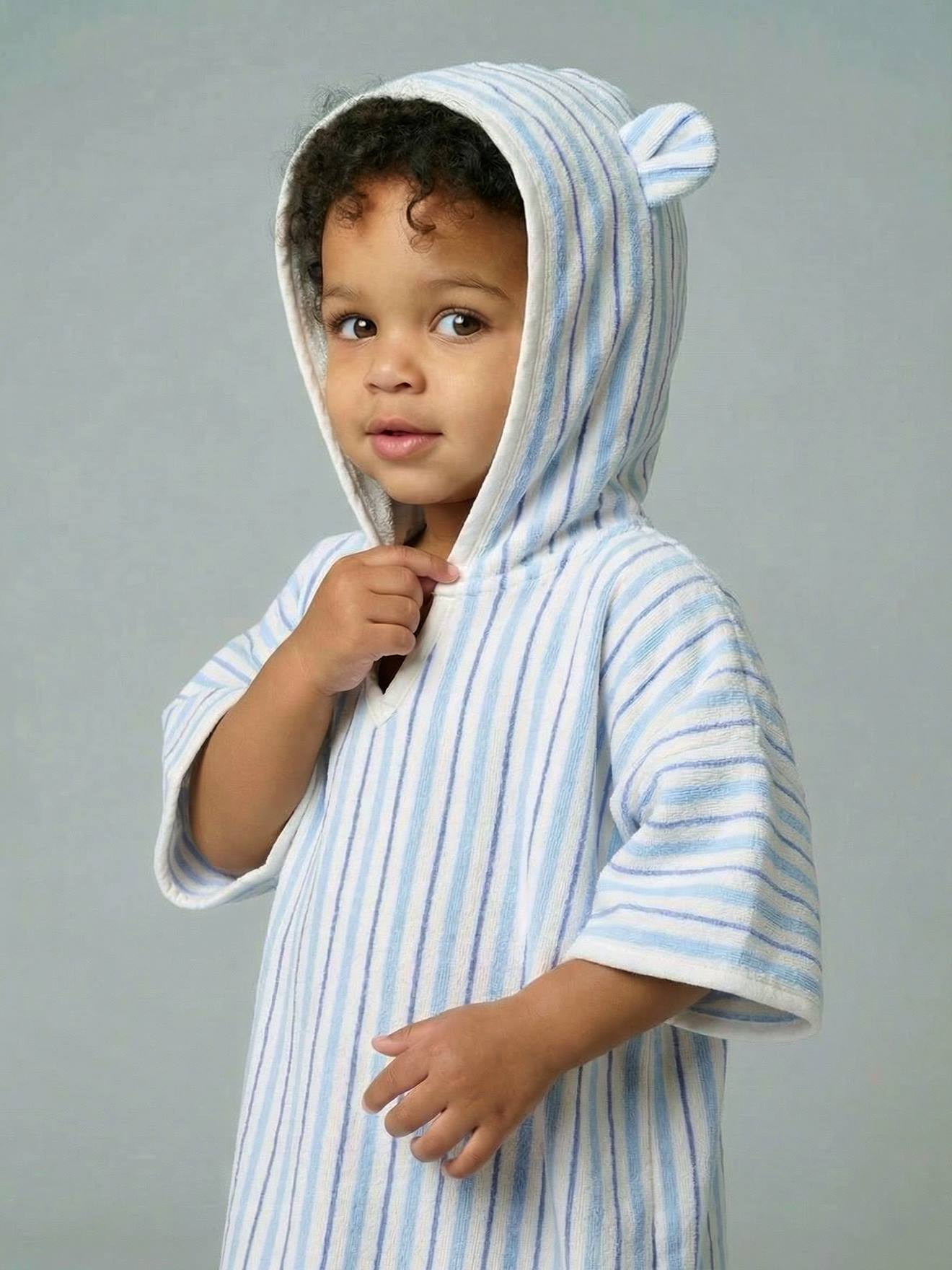 Vertbaudet Badponcho Baby Dieren, Met Gerecycled Katoen Blauw, Gestreept