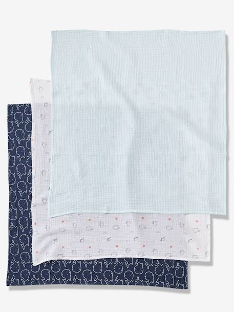 3 Langes En Gaze De Coton Vertbaudet - Eau Salée Bleu - 70x70cm - Bavoir, Couverture, Pare-Soleil - Multi-Usage