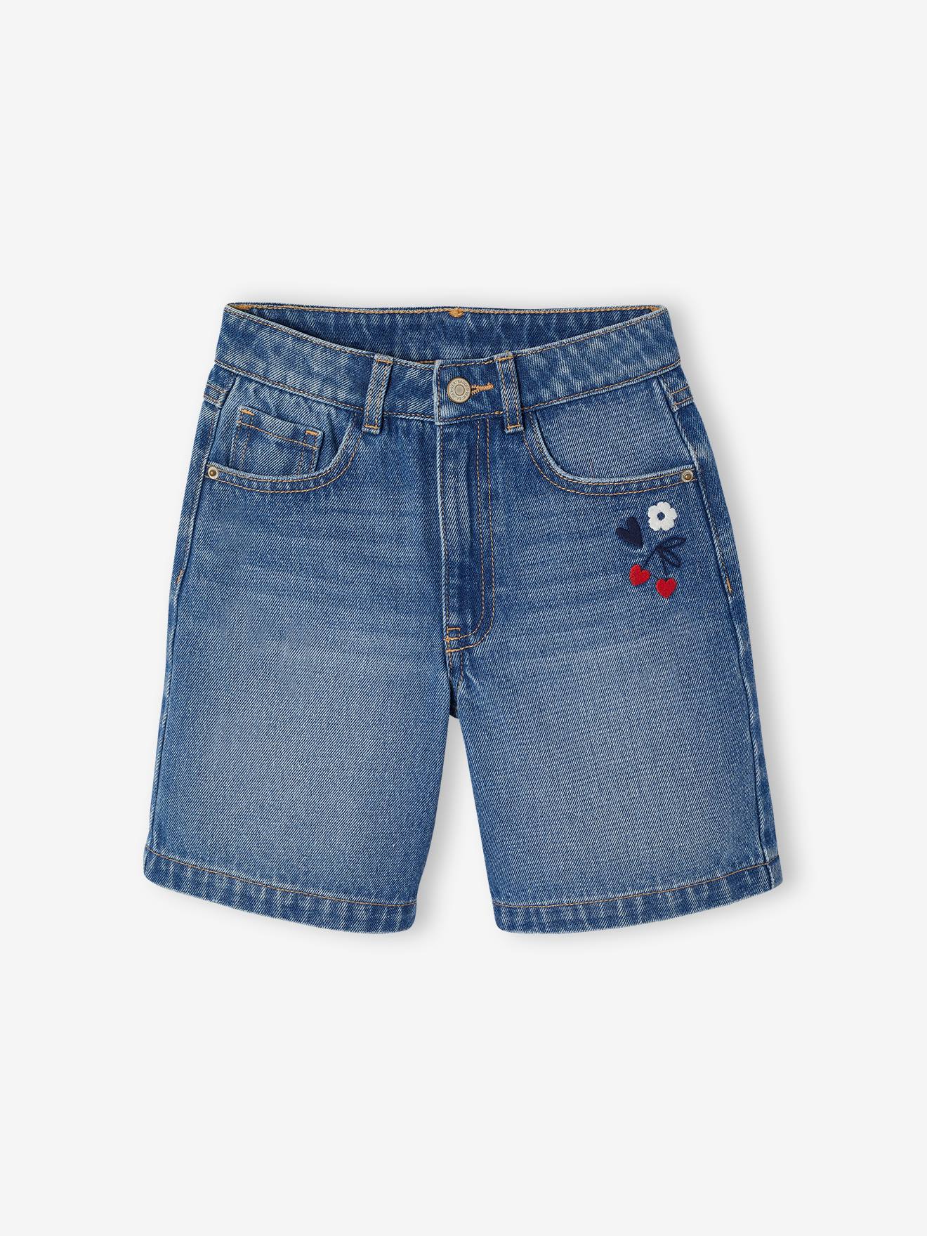 Vertbaudet Bermuda Jeans Met Geborduurde Bloemen Middenblauw
