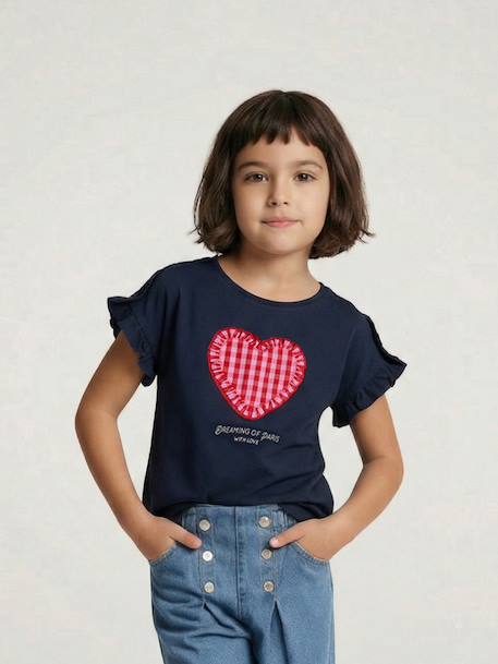 Fille-T-shirt, sous-pull-T-shirt-Tee-shirt fille motif romantique manches courtes à volant