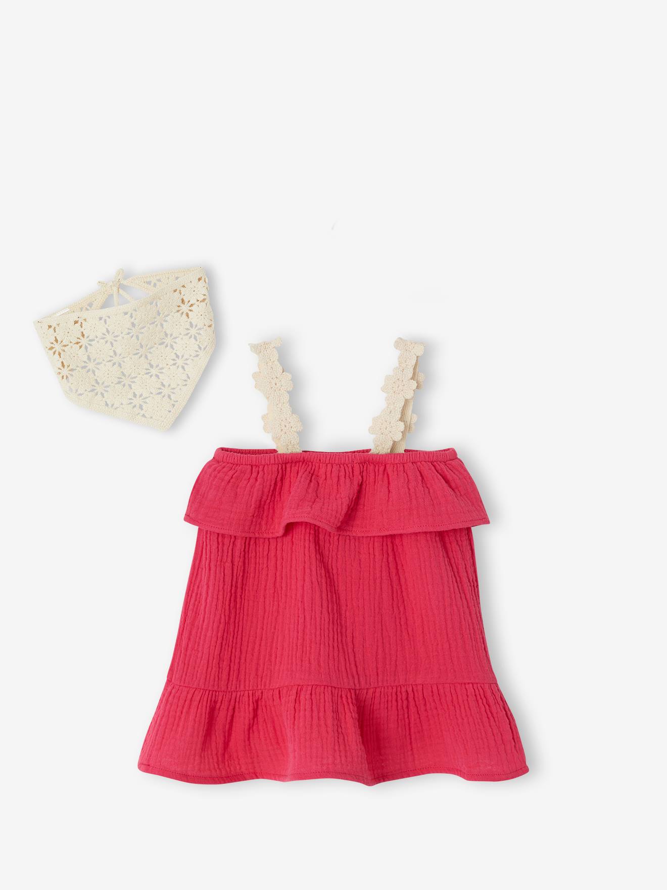 Vertbaudet Set Met Jurk En Bandanaslabbetje Voor Babymeisjes Framboos