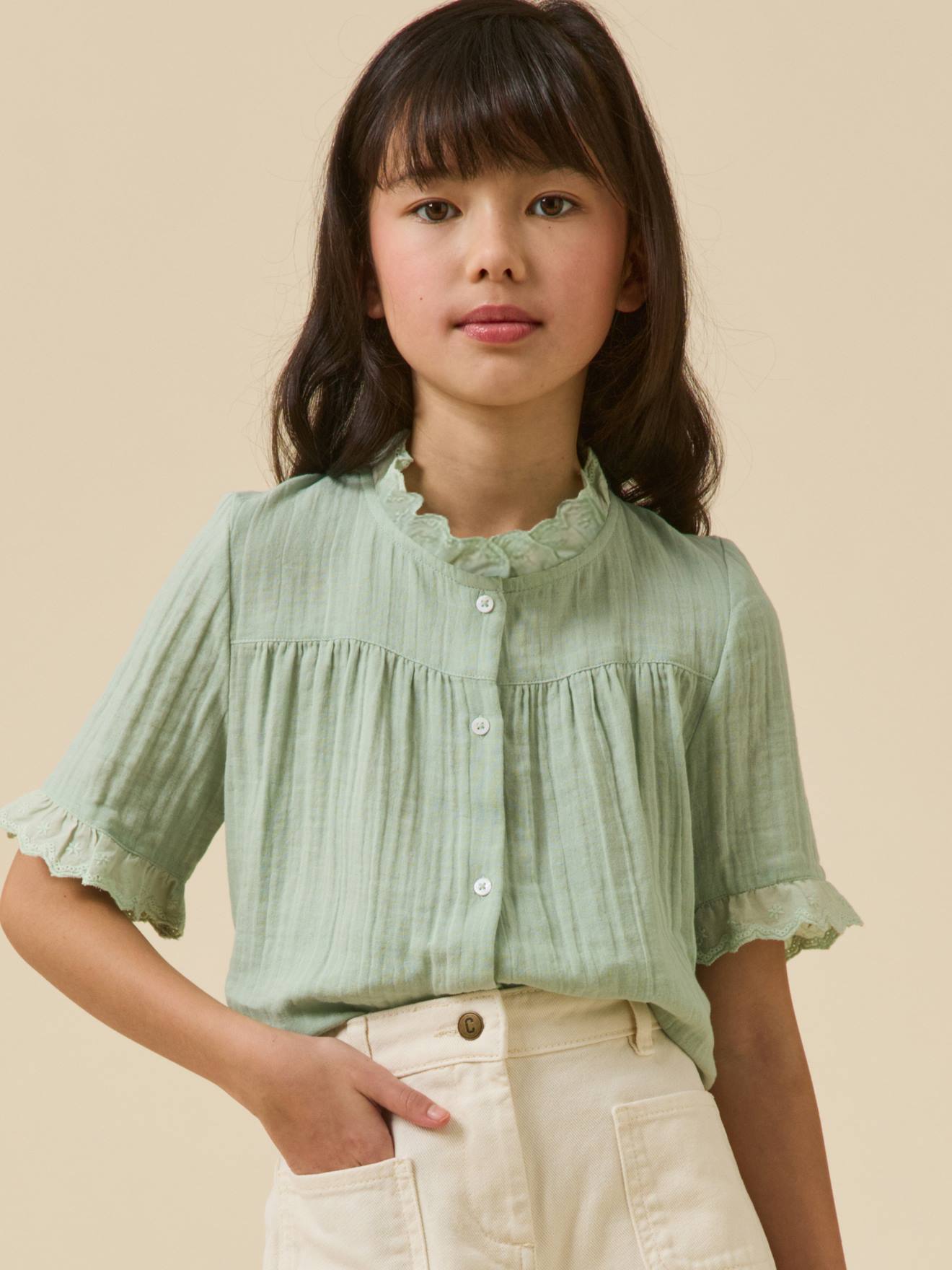 Chemise fille en gaze - coton biologique vert sauge