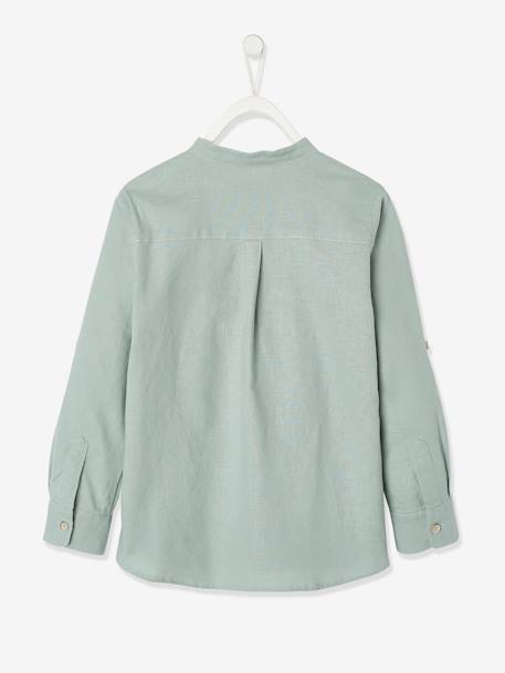 Chemise col Mao en coton/lin garçon manches retroussables BLANC+bleu ciel+Bleu moyen+vert - vertbaudet enfant 