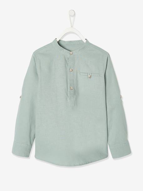 Chemise col Mao en coton/lin garçon manches retroussables BLANC+bleu ciel+Bleu moyen+vert - vertbaudet enfant 