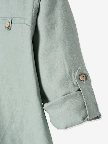 Chemise col Mao en coton/lin garçon manches retroussables BLANC+bleu ciel+Bleu moyen+vert - vertbaudet enfant 