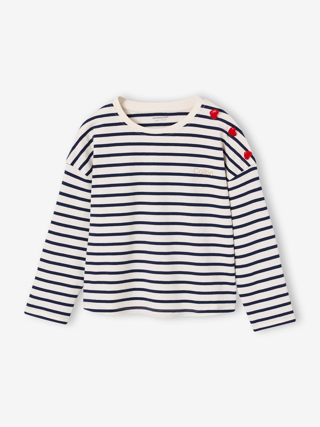 Meisjesshirt met strepen en lange mouwen marineblauw