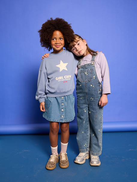 Sweat fille col rond manches longues bleu chambray+gris chiné - vertbaudet enfant 