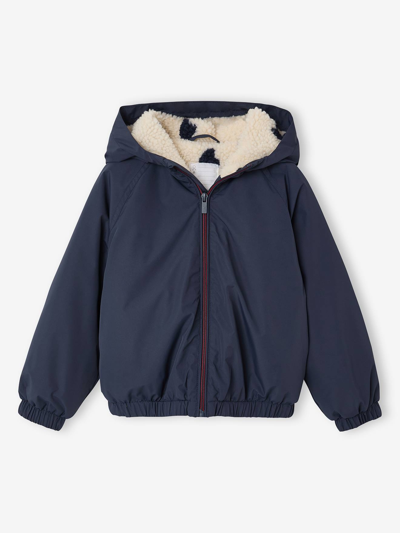 Vertbaudet Winddichte Jas Met Capuchon Voor Meisjes, Gevoerd Met Sherpa Marineblauw